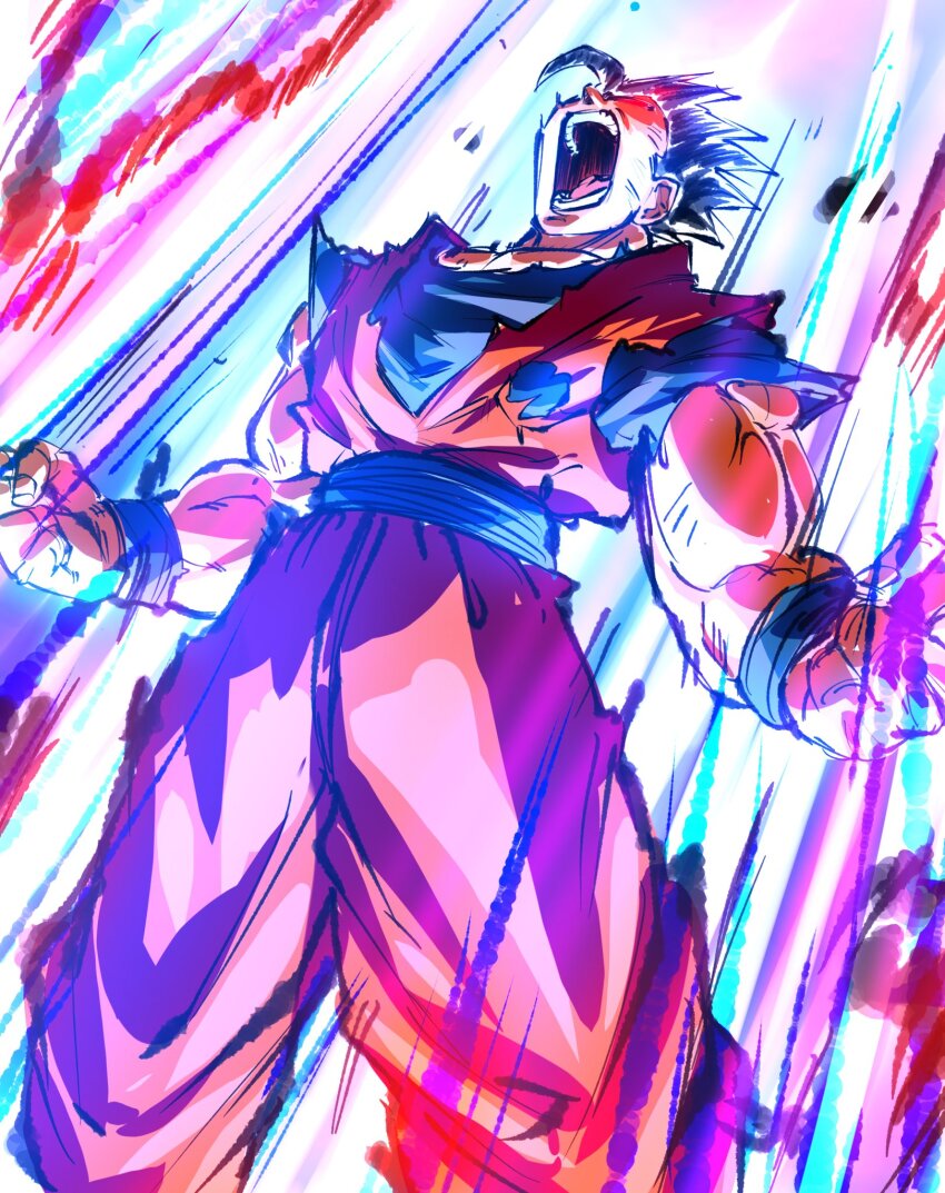 aura blue_sash blue_shirt clenched_hands dougi dragon_ball dragonball_z highres open_mouth orange_pants orange_shirt pants potential_unleashed powering_up rz28kp sash screaming shirt son_gohan torn_clothes torn_shirt