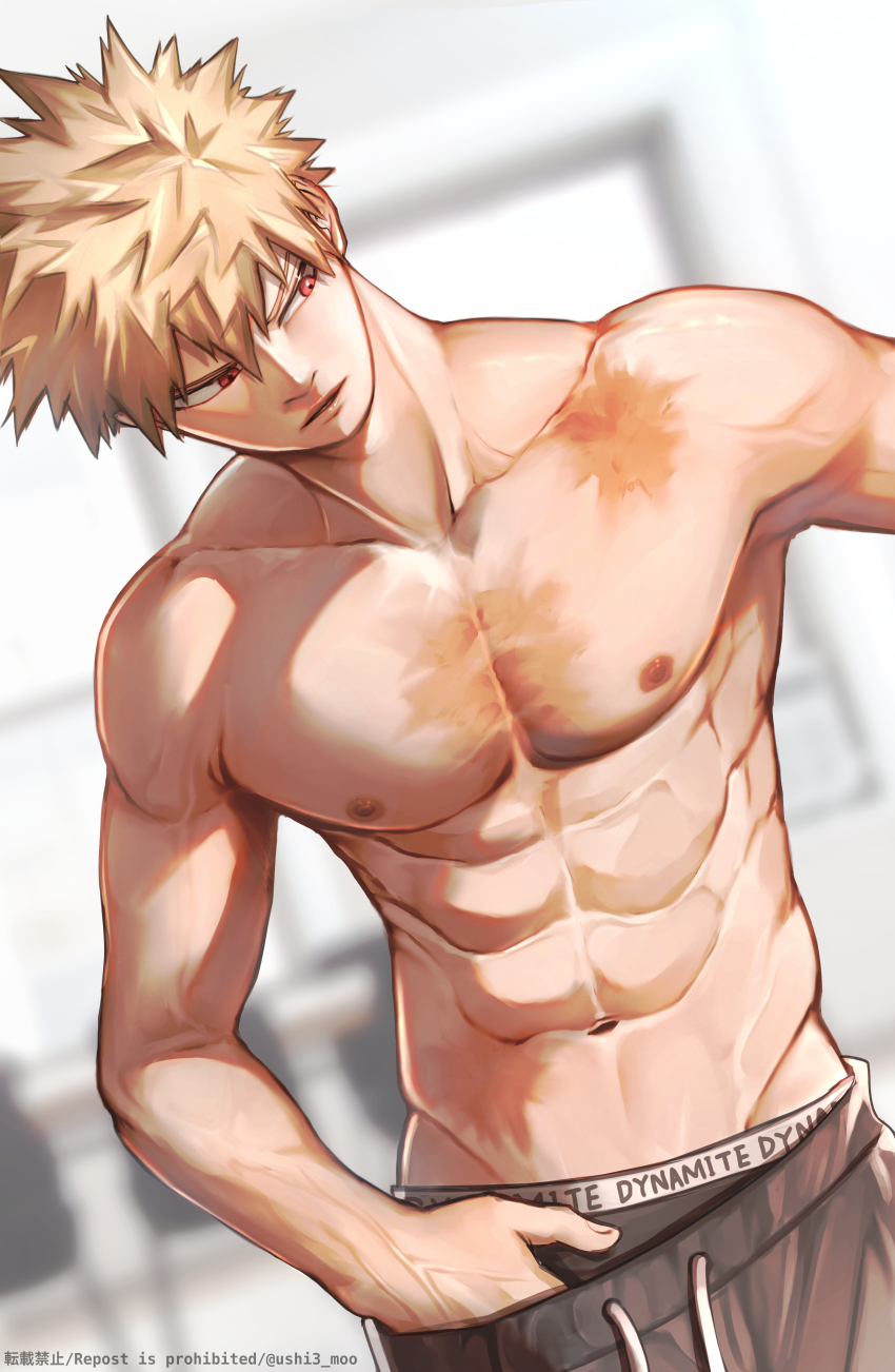 1boy abs absurdres bakugou_katsuki black_male_underwear black_pants blonde_hair boku_no_hero_academia highres male_focus male_underwear muscular muscular_male navel nipples pants red_eyes short_hair solo spiked_hair stomach topless_male underwear ushi3_moo