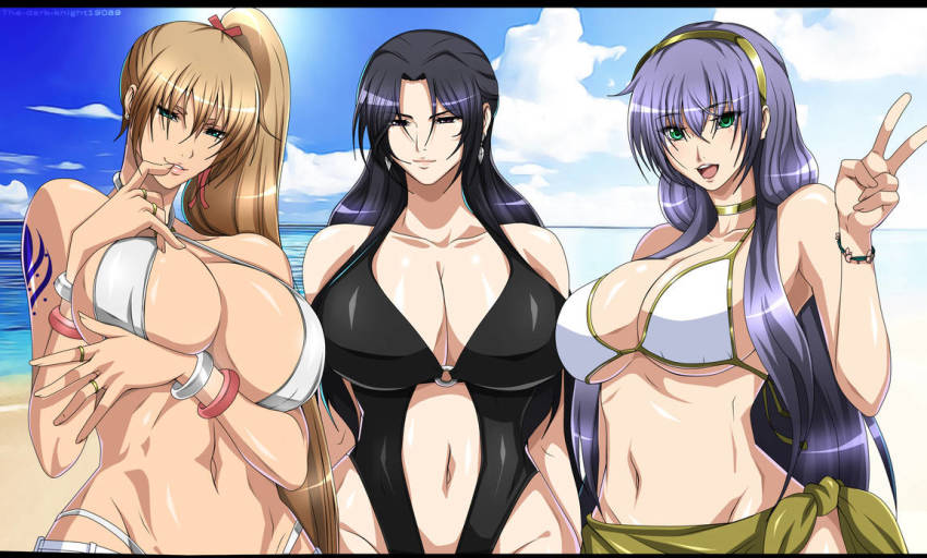 3girls arm_under_breasts athena beach bikini bikini_top_only black_hair bracelet breasts brown_hair crane_yuzuriha flower green_eyes jewelry large_breasts multiple_girls pandora_(saint_seiya) purple_eyes purple_hair saint_seiya saint_seiya:_the_lost_canvas sasha_(saint_seiya:_the_lost_canvas) side_ponytail silver_saint swimsuit tattoo the-dark-knight19089 waving