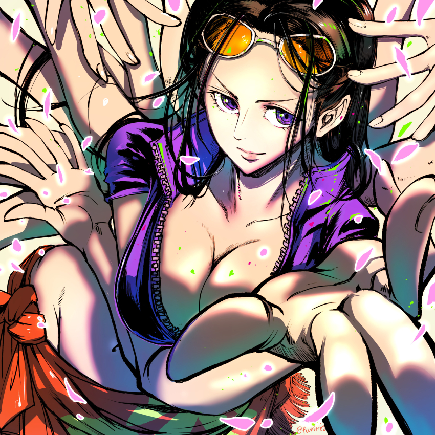 1girl absurdres black_hair breasts cleavage cropped_jacket extra_arms eyewear_on_head hana_hana_no_mi highres illustica_phantom jacket large_breasts long_hair looking_at_viewer nico_robin one_piece orange-tinted_eyewear orange_sarong petals purple_eyes purple_jacket sarong smile solo sunglasses tinted_eyewear