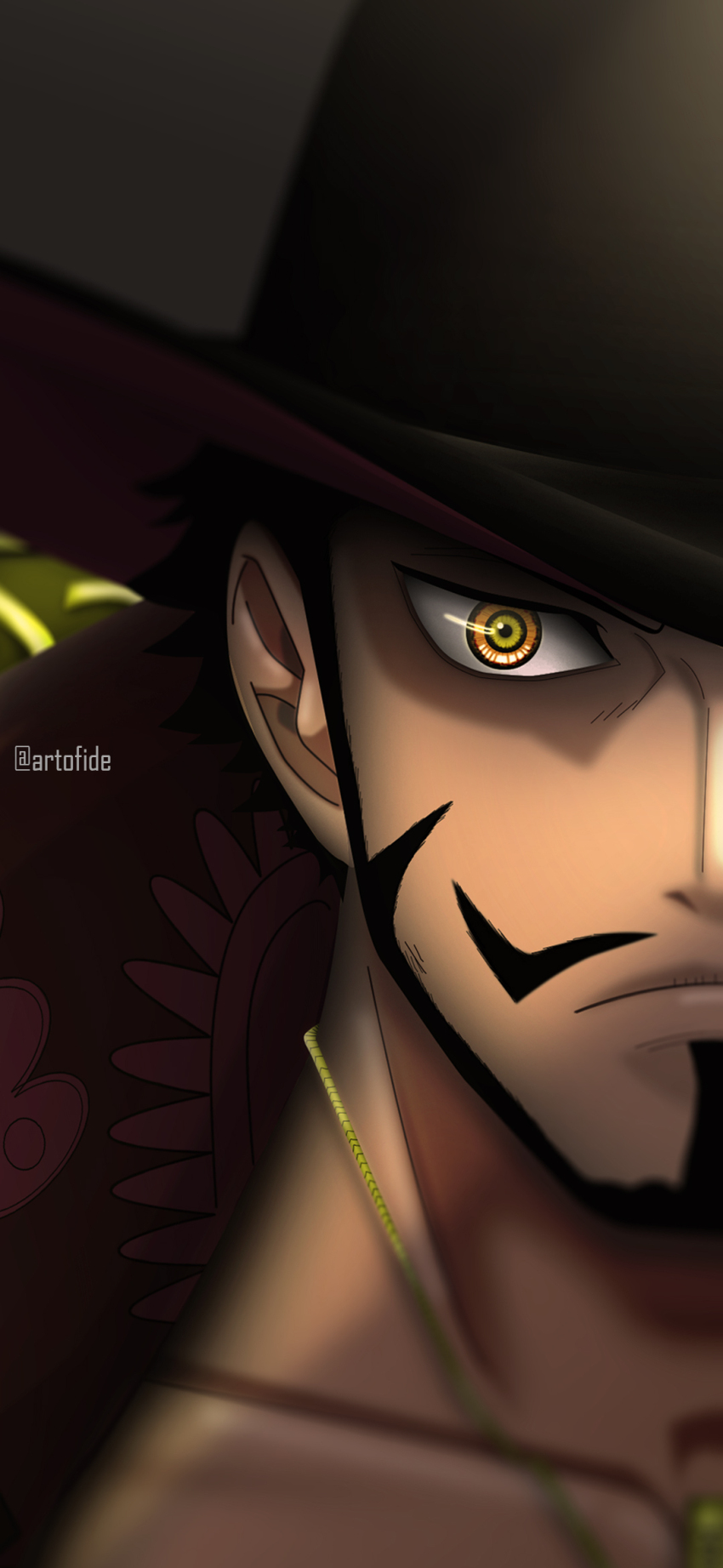 1boy artofide black_hair black_hat closed_mouth collar dracule_mihawk facial_hair hat highres jewelry looking_at_viewer male_focus mustache necklace one_piece short_hair sideburns solid_eyes solo