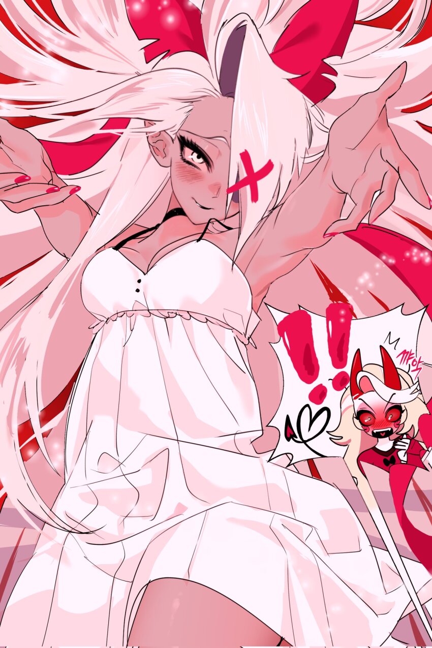 2girls a0415koso blonde_hair blush bow breasts charlie_morningstar circle_facial_mark colored_sclera colored_skin demon_girl demon_horns demon_tail fangs grey_skin hair_bow hair_ribbon hazbin_hotel heart heart_in_mouth heart_tail highres horns hug_invitation long_hair multiple_girls nightgown pajamas pink_sclera red_bow red_horns red_pajamas red_sclera ribbon tail thighs vaggie very_long_hair white_nightgown white_skin yuri