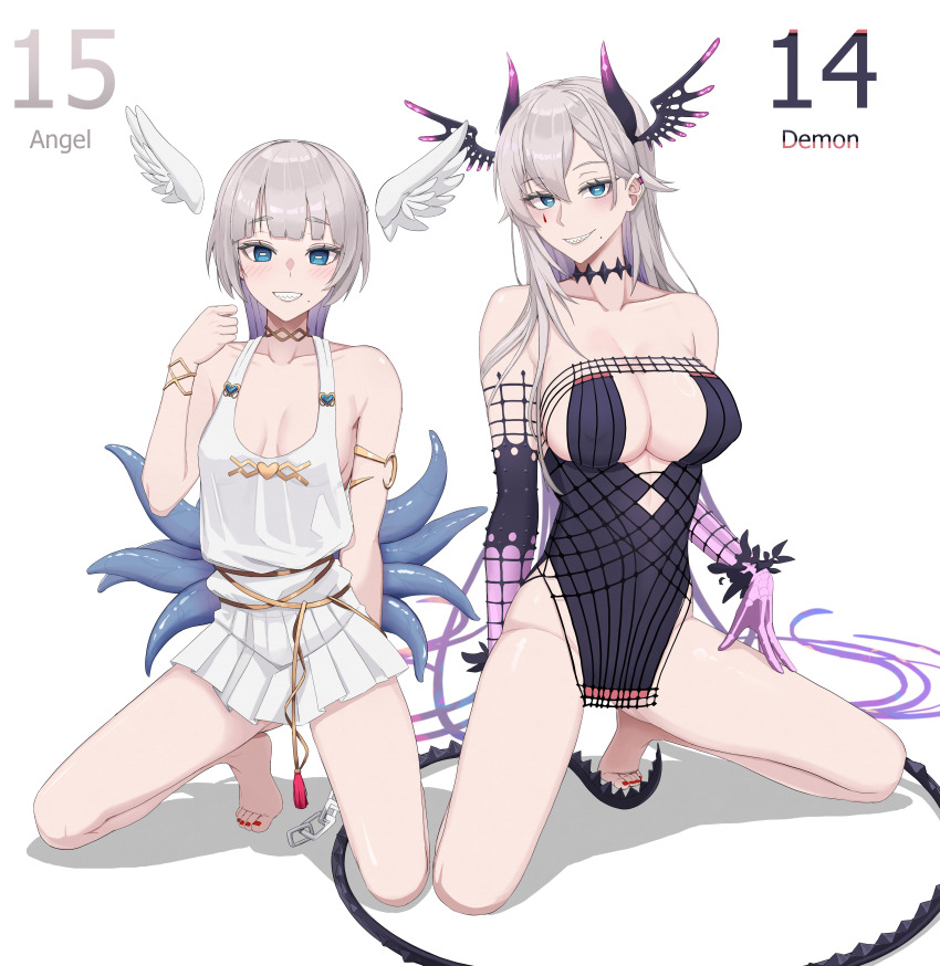 2girls absurdres armpit_crease bare_shoulders barefoot black_dress blue_eyes blunt_bangs blush breasts breasts_apart center_opening chain collarbone cosplay covered_erect_nipples demon_tail detached_wings dress elbow_gloves eyelashes facial_mark feet full_body gloves grey_hair grin hair_ornament hand_on_own_thigh hand_up head_wings highres indie_virtual_youtuber kneeling kuon_bb large_breasts legs leotard long_hair looking_at_viewer medium_breasts mole mole_under_mouth multiple_girls multiple_persona nail_polish official_alternate_costume parted_bangs pelvic_curtain pink_gloves pleated_dress pochimaru_(vtuber) sharp_teeth short_dress simple_background slit_pupils smile spread_legs strapless strapless_dress tail tassel teeth thighs toenail_polish toenails toes tube_dress very_long_hair virtual_youtuber white_background white_dress wings