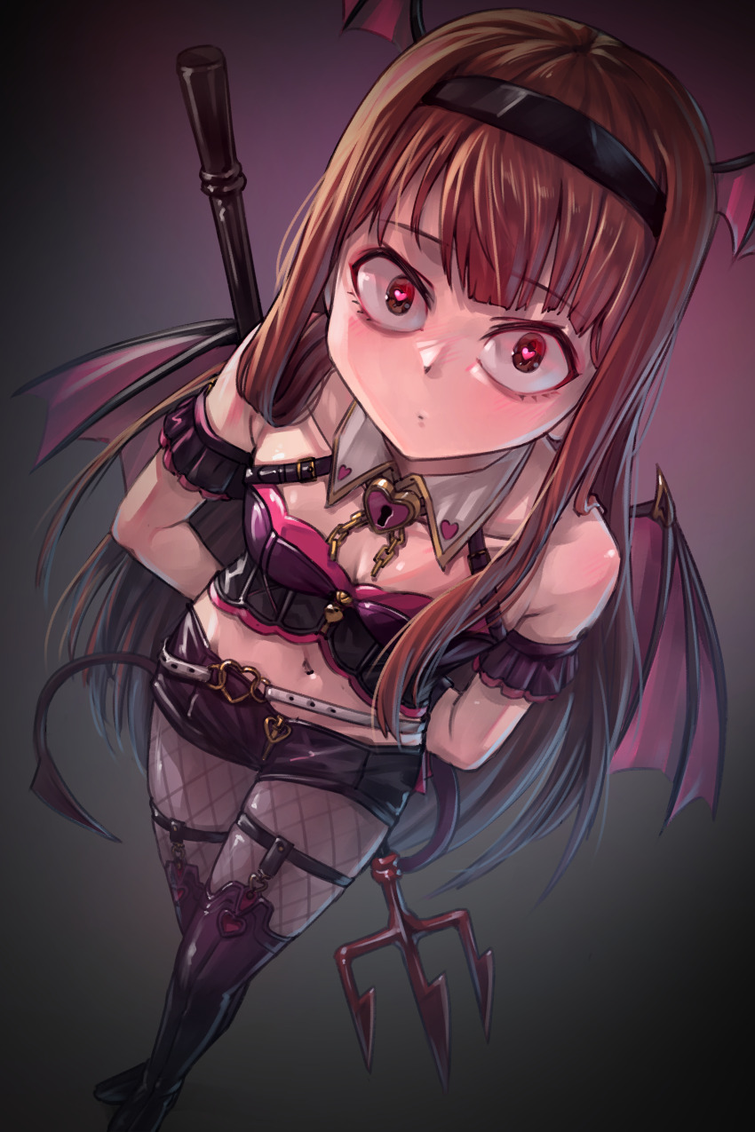 1girl absurdres belt black_footwear black_hairband black_shorts blush boots breasts brown_eyes brown_hair closed_mouth collarbone demon_wings detached_collar detached_sleeves dot_mouth fishnet_pantyhose fishnets from_above full_body gradient_background hairband head_wings heart heart-shaped_pupils highres hold111 idolmaster idolmaster_million_live! knee_boots long_hair looking_at_viewer midriff navel pantyhose pitchfork shorts sidelocks solo straight_hair symbol-shaped_pupils tanaka_kotoha wings yandere