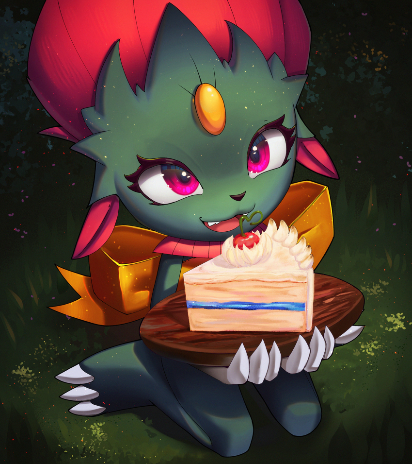 alipse cake cake_slice cherry creatures_(company) food fruit game_freak gen_4_pokemon grass highres holding holding_tray kneeling looking_at_viewer nintendo no_humans open_mouth pokemon pokemon_(creature) solo tray weavile