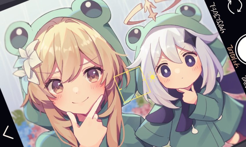 2girls animal_hood black_eyes blonde_hair blush brown_eyes commentary_request dutch_angle flower frog_hood frog_raincoat genshin_impact hair_flower hair_ornament halo hood hydrangea looking_at_viewer lumine_(genshin_impact) multiple_girls paimon_(genshin_impact) fake_phone_screenshot shirona_775 smile v-shaped_eyebrows viewfinder white_hair