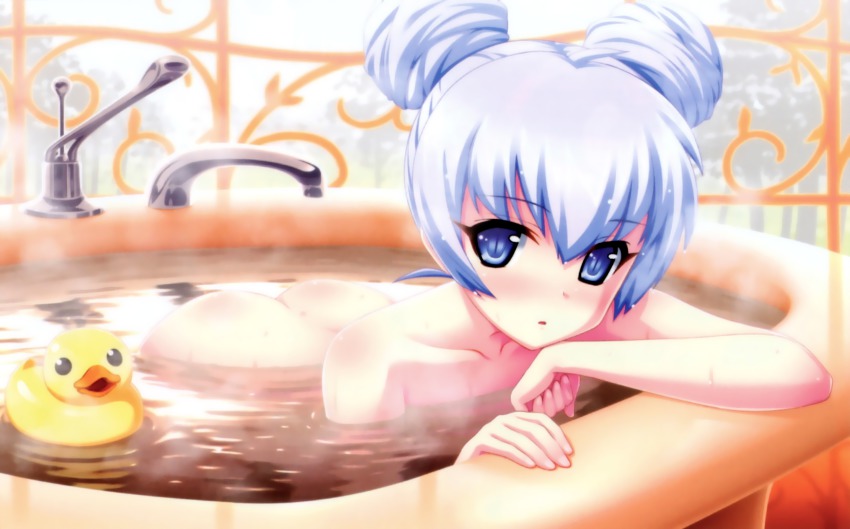 1girl absurdres artist_request ass bathing bathtub blue_eyes blue_hair blush collarbone double_bun female_focus hair_bun highres looking_at_viewer matching_hair/eyes muv-luv muv-luv_alternative nude parted_lips partially_submerged rubber_duck scan solo steam yashiro_kasumi