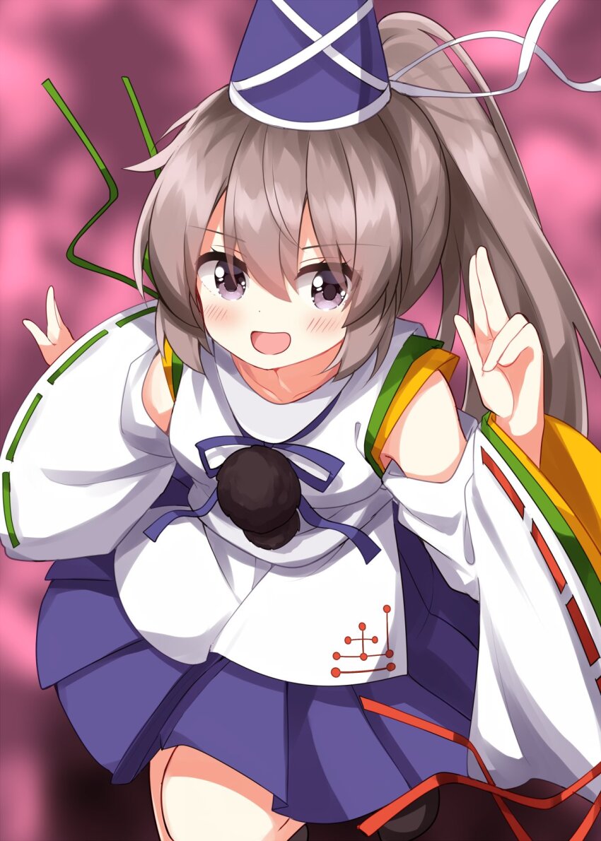 1girl :d bare_shoulders blue_ribbon blue_skirt blurry blurry_background blush brown_shoes collarbone commentary cowboy_shot detached_sleeves foot_up grey_eyes grey_hair hair_between_eyes hand_up hat highres long_hair mononobe_no_futo neck_ribbon open_mouth pink_background ponytail ribbon ribbon-trimmed_sleeves ribbon_trim ruu_(tksymkw) shirt shoes skirt sleeveless sleeveless_shirt smile solo tate_eboshi touhou w white_shirt white_sleeves wide_sleeves