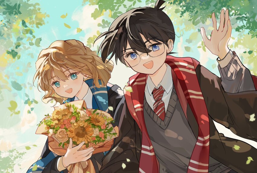 1boy 1girl black_hair black_hiar blue_eyes blue_scarf brown_hair collared_shirt cubed_(houkuaid) edogawa_conan flower green_jacket haibara_ai hand_up hetero highres holding holding_flower jacket leaf long_sleeves looking_at_viewer meitantei_conan nature necktie open_mouth outdoors red_necktie red_scarf scarf shirt short_hair smile striped_necktie sweater_vest waving white_shirt yellow_flower