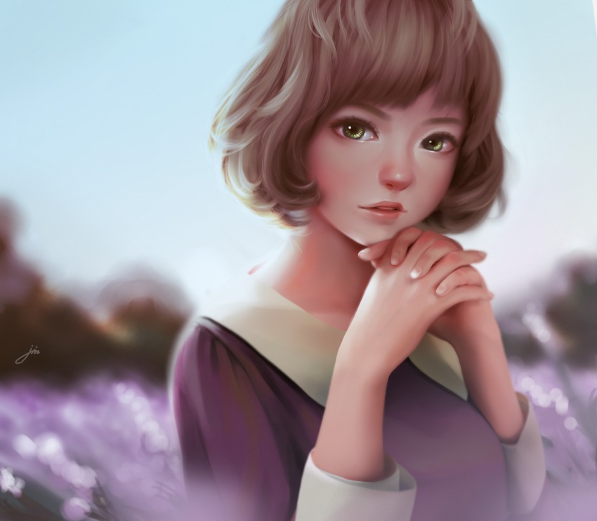 1girl absurdres artist_name blurry blurry_background brown_hair female_focus fingernails highres huge_filesize interlocked_fingers jin jintawat_puttanawiboon lips looking_at_viewer nose original outdoors parted_lips purple_shirt shirt short_hair signature smile solo teeth upper_body watermark