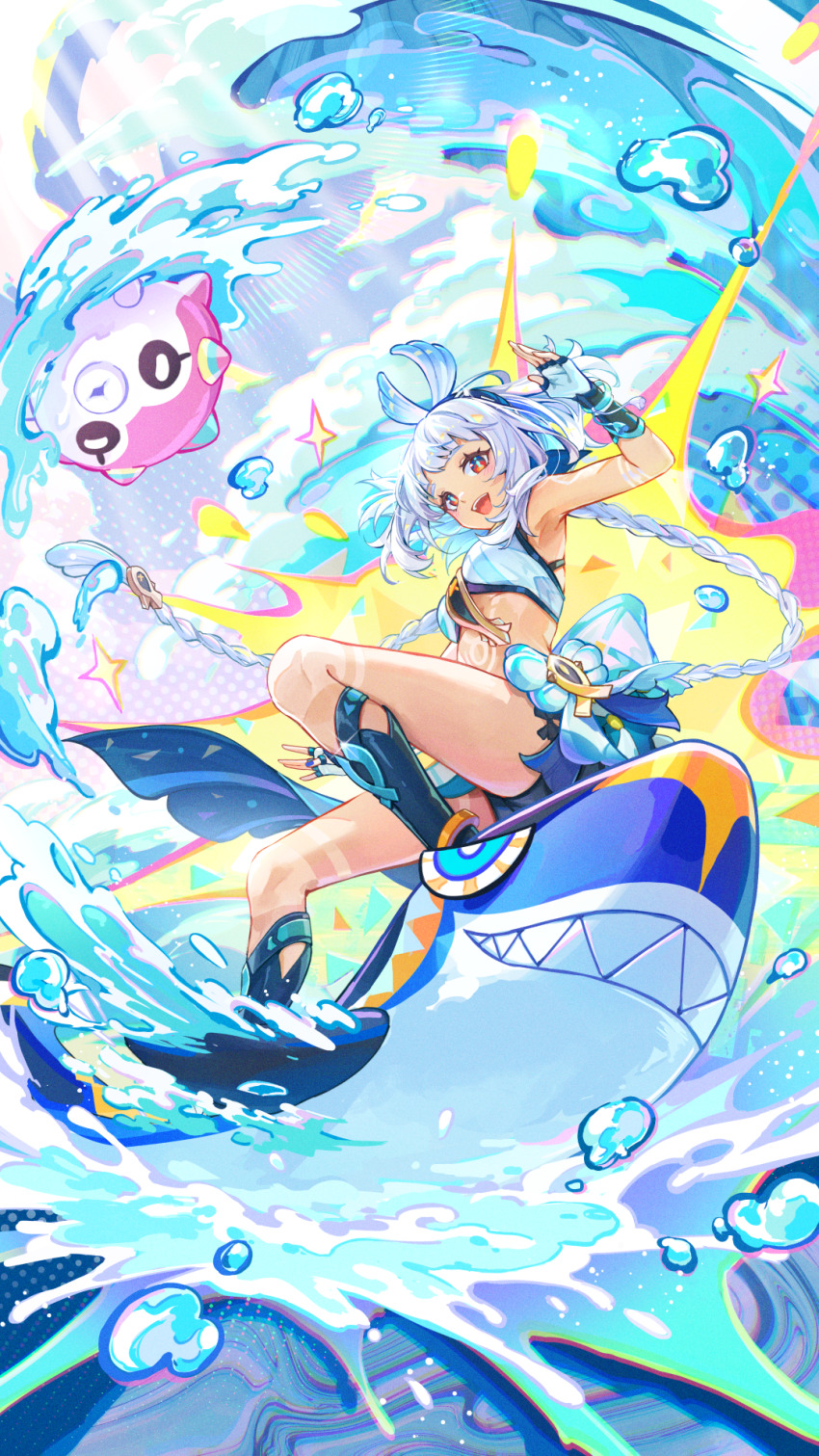 1girl :d bare_arms bare_shoulders blue_footwear blue_hairband braid breasts fingerless_gloves full_body genshin_impact gloves hairband highres kyusoukyu long_hair looking_at_viewer medium_breasts midriff mualani_(genshin_impact) open_mouth red_eyes shark short_hair_with_long_locks smile solo sparkle standing surfing teeth three_quarter_view upper_teeth_only water white_gloves white_hair