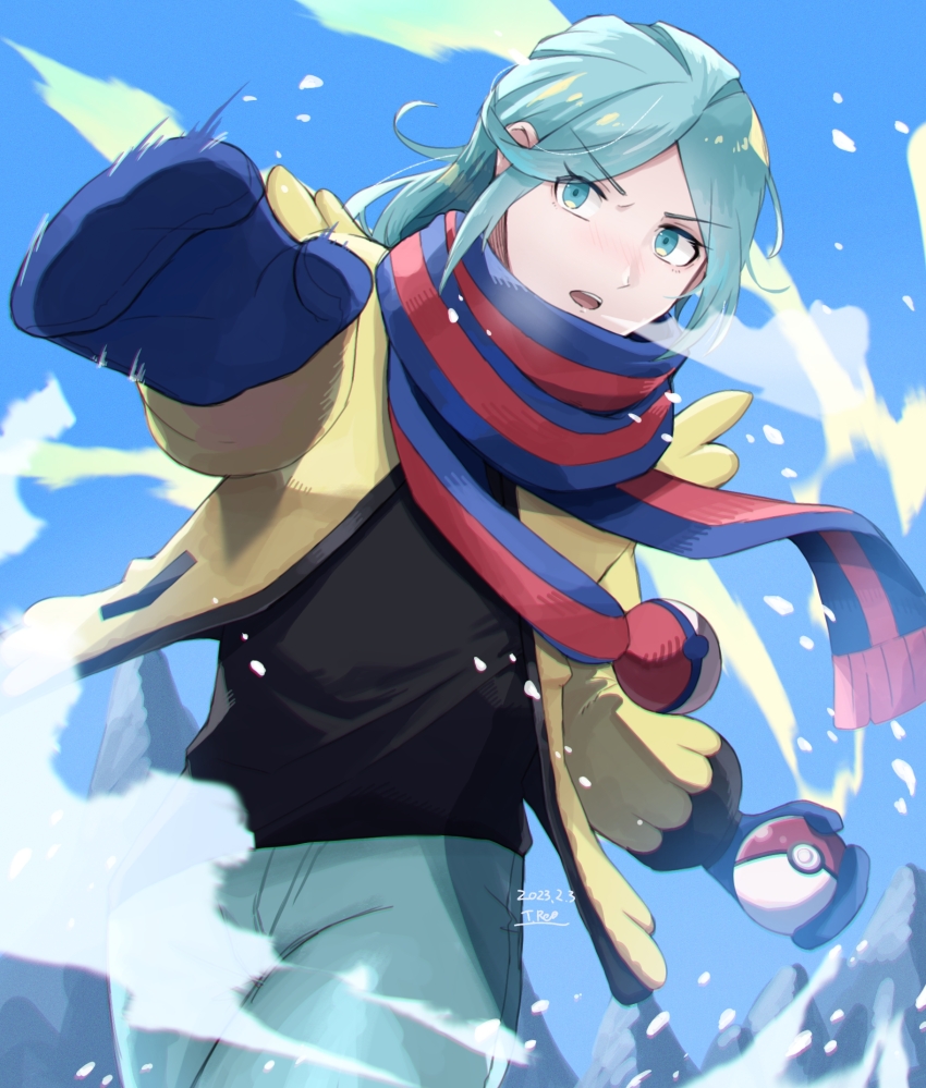 1boy black_shirt blue_mittens blue_scarf breath commentary_request creatures_(company) dated day game_freak green_eyes green_hair green_pants grusha_(pokemon) highres holding holding_poke_ball jacket long_sleeves male_focus mittens nintendo open_clothes open_jacket open_mouth outdoors pants poke_ball poke_ball_(basic) pokemon pokemon_sv scarf shirt sky solo striped_clothes striped_scarf teeth tengumuryuu_reo tongue upper_teeth_only yellow_jacket