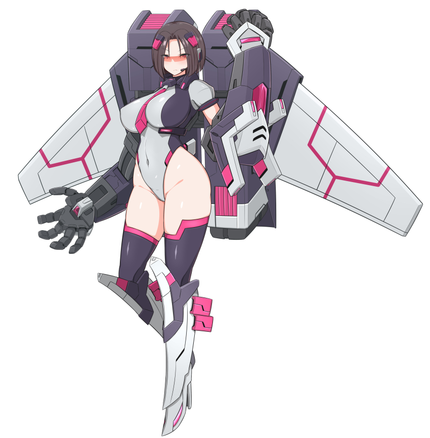 absurdres armored_boots black_eyes black_thighhighs boots breasts cosmic_break earphones full_body gauntlets highres itntn jetpack katalina_b.g. large_breasts leotard looking_at_viewer mecha_musume mechanical_wings microphone necktie parted_bangs pink_necktie short_hair sunglasses thighhighs thighs wings