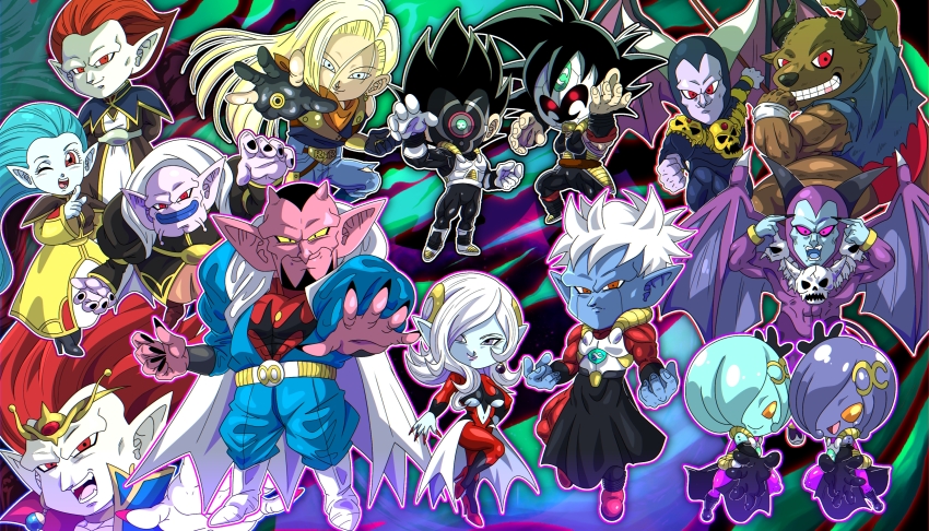 4girls 6+boys absurdres android android_18 aqua_hair armor bald bardock black-masked_saiyan black_bodysuit black_gloves black_hair black_horns black_nails blonde_hair blue_eyes blue_lips blue_skin bodysuit breasts brother_and_sister brown_dress brown_fur bull chibi clothing_cutout colored_sclera colored_skin commentary_request dabura demigra demon_boy demon_girl demon_wings denim_vest dragon_ball dragon_ball_heroes dragon_ball_online dress dual_persona earrings facial_hair fighting_stance flexing floating_hair furry furry_male fusion general_bon gloves gold_circlet gravy_(dragon_ball) great_devilman green_skin grin hair_ornament haru_haru_(dragon_ball) high_heels highres horns husband_and_wife infinity_symbol jewelry long_hair looking_at_viewer mask masked_saiyan mira_(dragon_ball) multiple_boys multiple_girls muscular muscular_male no_eyebrows one_eye_closed open_hand open_mouth pants pink_horns pink_sclera pink_skin pointy_ears potara_earrings psi_devilman purple_eyes purple_lips purple_skin putine_(dragon_ball) red_bodysuit red_eyes red_footwear red_hair red_nails saiyan saiyan_armor short_hair shun_shun_(dragon_ball) siblings sisters skull smile smirk spiked_hair stomach_cutout super_android_17 teeth tentacle_hair time_breaker_mask torn_clothes torn_pants towa_(dragon_ball) twins underboob underboob_cutout vegeta_(xeno) very_long_hair very_short_hair white_armor white_gloves white_hair white_horns wings yellow_dress yellow_sclera yuu_(user_ddsz8272)