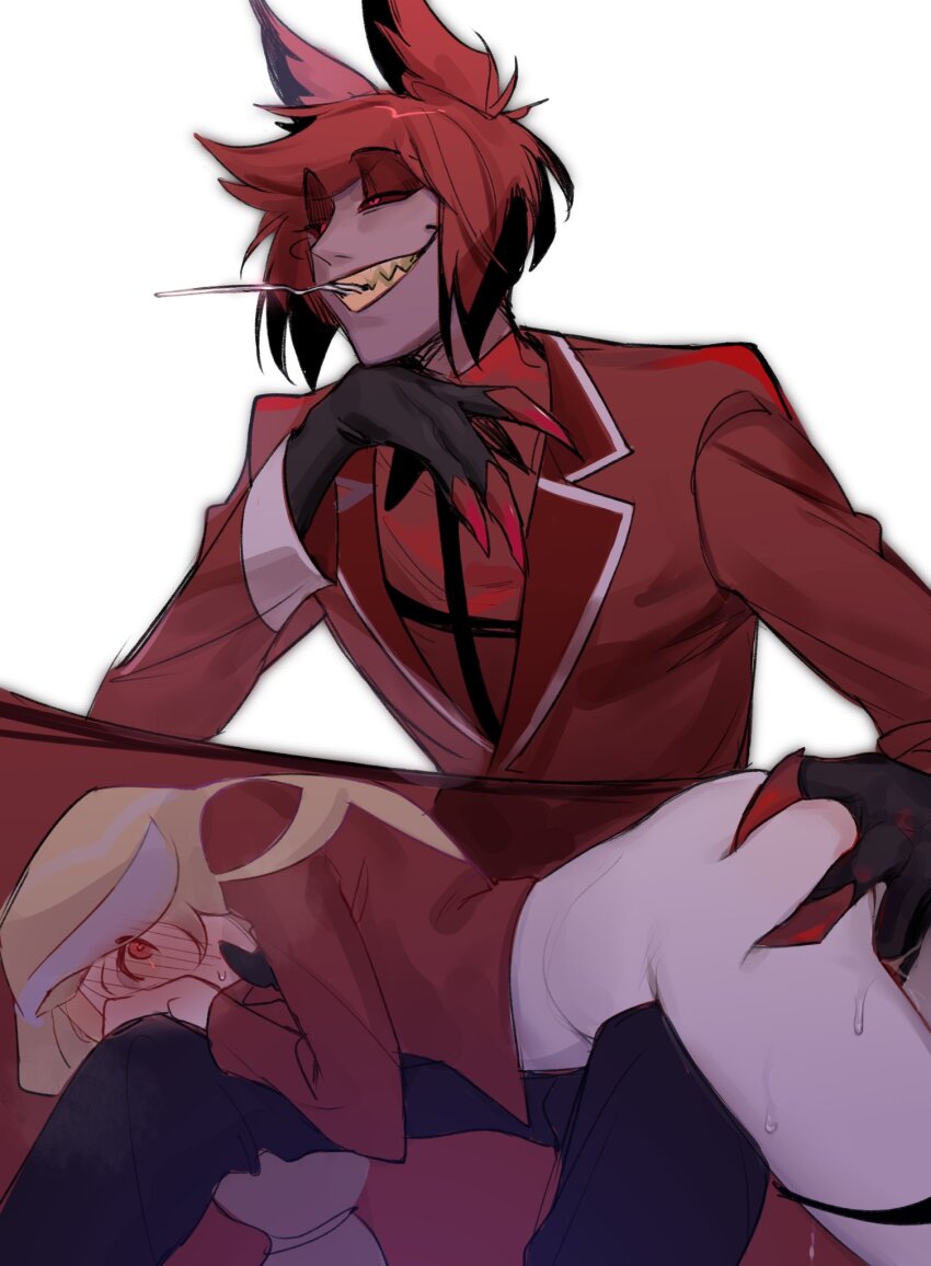 1boy 1girl alastor_(hazbin_hotel) black_hair blush bottomless charlie_morningstar colored_skin commentary evil_grin evil_smile fingering fingernails formal_clothes full-face_blush grabbing_another&#039;s_ass grin groping hazbin_hotel head_rest hetero highres long_hair lying lying_on_lap mooumao mouth_hold multicolored_hair on_stomach panties_around_leg pussy_juice red_eyes red_hair sharp_fingernails sharp_teeth short_hair simple_background sitting smile suit symbol-only_commentary teeth under_table utensil_in_mouth white_background white_skin