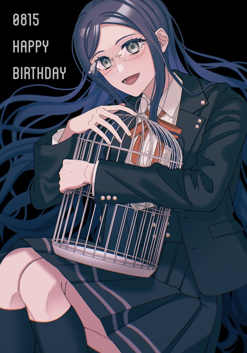 1girl :d absurdres birdcage black_background black_jacket black_skirt brown_eyes buttons cage danganronpa_(series) danganronpa_v3:_killing_harmony double-breasted ganruo_(iwashi_1023) glasses happy_birthday highres jacket kneehighs long_hair neck_ribbon open_clothes open_jacket open_mouth orange_ribbon pleated_skirt ribbon shirogane_tsumugi shirt skirt smile socks solo