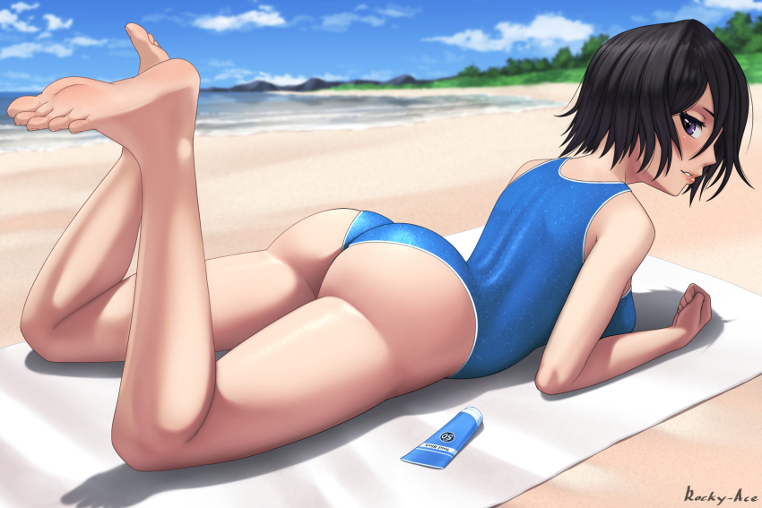 1girl arm_support artist_name ass bare_arms bare_legs barefoot beach black_hair blanket bleach blue_one-piece_swimsuit blue_sky blush breasts clenched_hand commentary day dutch_angle english_commentary feet foreshortening from_side full_body hair_between_eyes highres kuchiki_rukia legs lips looking_at_viewer lotion lying ocean on_stomach one-piece_swimsuit outdoors paid_reward_available parted_lips purple_eyes rocky-ace shiny_skin short_hair sideways_glance sky small_breasts smile soles solo straight_hair sunscreen swimsuit the_pose thighs toenails toes tsurime