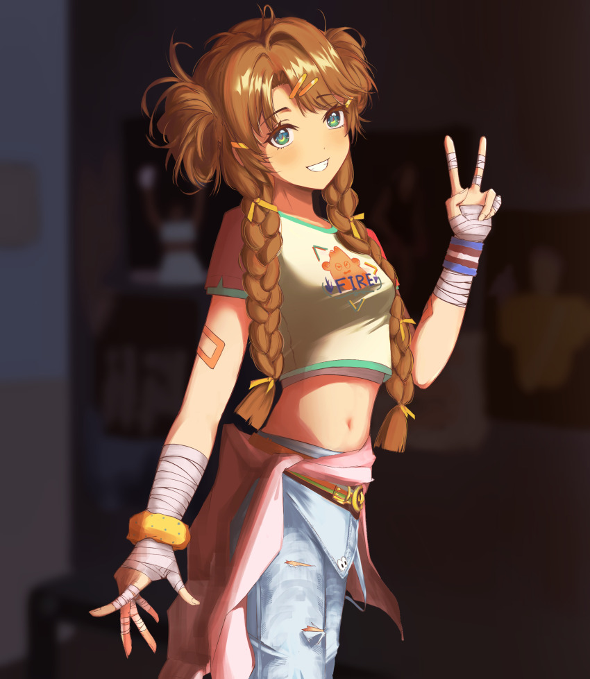 1girl absurdres bandaged_hand bandages belt braid breasts denim double_bun hair_bun hair_ornament hairclip highres jeans midriff navel non-web_source pants reverse:1999 shirt short_hair smile spathodea_(reverse:1999) t-shirt twin_braids v wristband