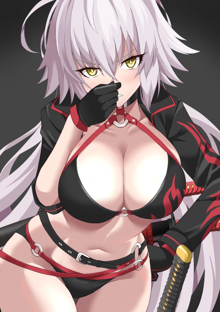 1girl ahoge bikini black_bikini black_gloves black_jacket breasts cleavage commission cropped_jacket fate/grand_order fate_(series) gloves grey_hair highres holding_nose jacket jeanne_d&#039;arc_alter_(fate) jeanne_d&#039;arc_alter_(swimsuit_berserker)_(fate) long_hair navel o-ring o-ring_bikini o-ring_bottom o-ring_top pixiv_commission revision shimouki_izui shrug_(clothing) solo stomach swimsuit textless_version very_long_hair yellow_eyes