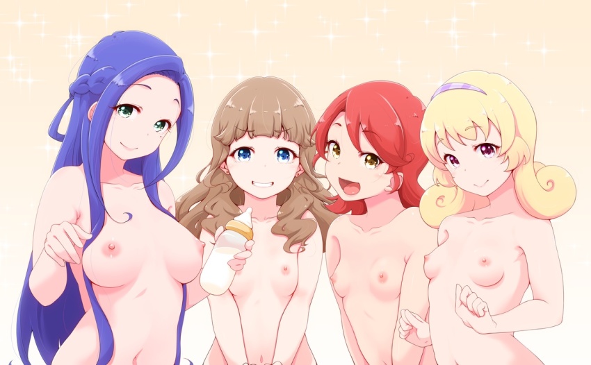 4girls anzai_tokiwa baby_bottle blonde_hair blue_eyes blue_hair bottle breasts brown_hair commentary_request completely_nude curly_hair gradient_background green_eyes hinata_yume holding holding_bottle imai_kotoko long_hair looking_at_viewer medium_breasts medium_hair mewkledreamy multiple_girls nipples nude open_mouth red_eyes small_breasts smile tsukishima_maira yellow_background yellow_eyes yonekura_hisaki