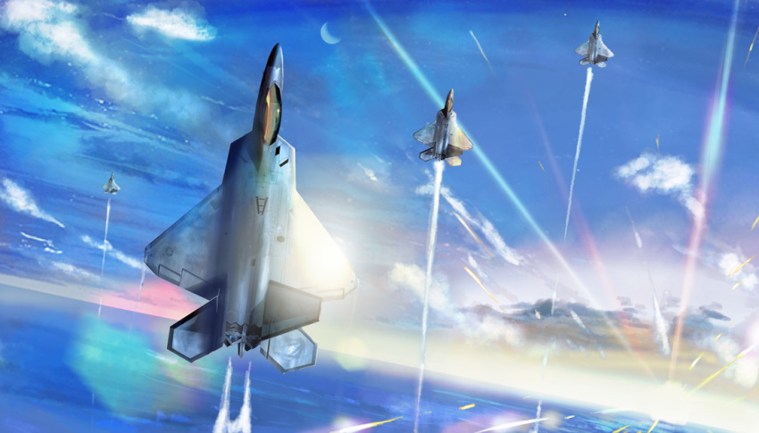 afterburner aircraft airplane cloud f-22_raptor fighter_jet fleet flying i.t.o_daynamics jet lens_flare military military_vehicle moon ocean real_life realistic vehicle_focus