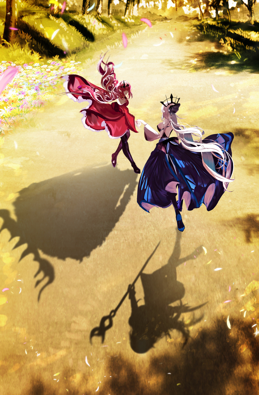 2girls absurdres aesc_(fate) antinese baobhan_sith_(fate) bare_shoulders black_dress boots breasts cernunnos_(fate) detached_sleeves different_shadow dress falling_petals fate/grand_order fate_(series) from_behind full_body hair_ornament hair_ribbon high_heel_boots high_heels highres long_hair morgan_le_fay_(fate) mother_and_daughter multiple_girls outdoors petals pink_hair platform_footwear platform_heels pointy_ears ponytail red_dress ribbon smile thigh_boots wide_sleeves