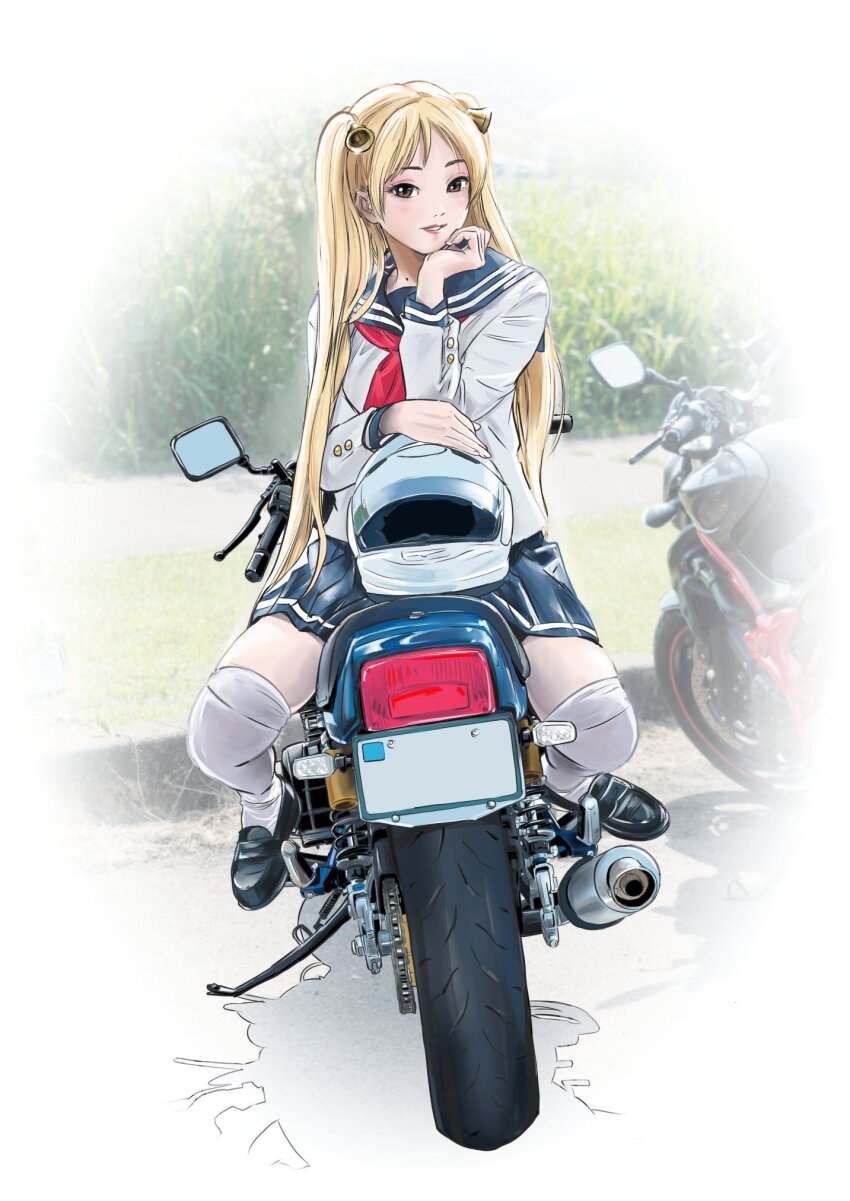 1girl bakuon!! black_footwear blonde_hair blue_sailor_collar blue_skirt blush brown_eyes hand_on_own_cheek hand_on_own_face unworn_headwear helmet unworn_helmet highres long_hair looking_at_viewer mole mole_on_neck motor_vehicle motorcycle neckerchief parted_lips red_neckerchief sailor_collar sakuma_masanori school_uniform serafuku shoes sitting skirt smile solo suzunoki_rin thighhighs two_side_up very_long_hair white_thighhighs