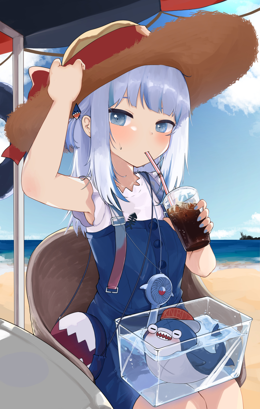 1girl absurdres bag beach bloop_(gawr_gura) blue_dress blue_eyes blush cloud cola cup drawn_ears drawn_whiskers dress drinking drinking_straw drinking_straw_in_mouth face_filter fish_tank gawr_gura gawr_gura_(casual) hair_ornament hairclip hat hat_ribbon highres holding holding_cup hololive hololive_english horizon knbd long_hair looking_at_viewer ocean official_alternate_costume outdoors red_ribbon ribbon shirt shoulder_bag silver_hair sitting sky sleeveless sleeveless_shirt soda solo_focus straw_hat summer suspenders sweatdrop virtual_youtuber white_shirt