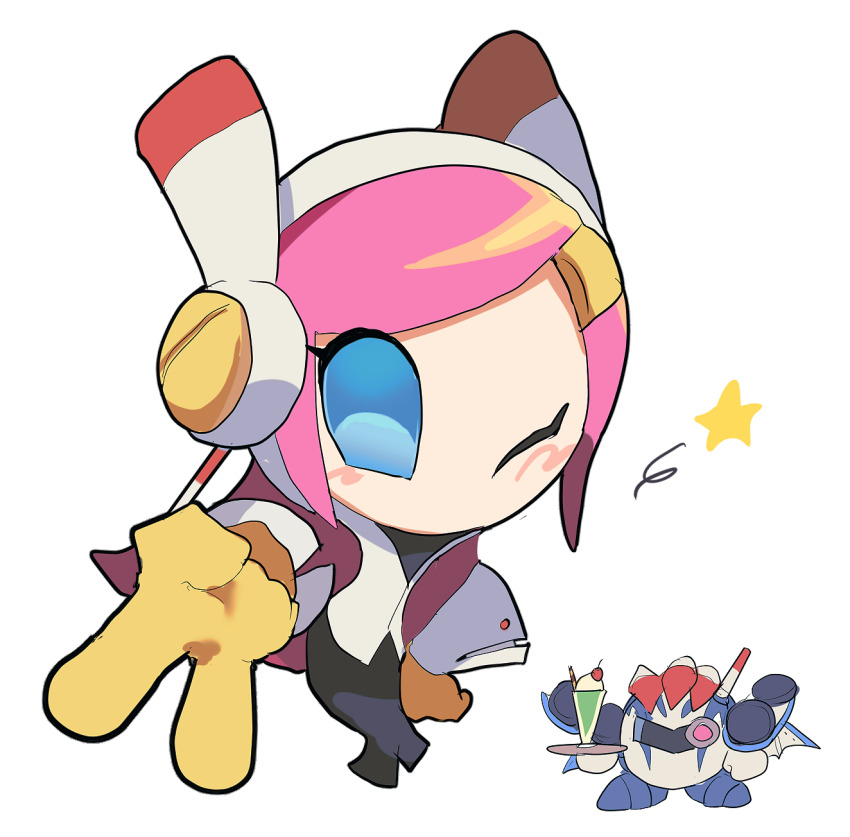 1boy 1girl blue_eyes cherry disembodied_hand food fruit gloves hand_on_own_hip highres holding holding_plate kirby:_planet_robobot kirby_(series) looking_at_viewer mask mecha_knight meta_knight nintendo nt_26 one_eye_closed parfait pink_hair plate rayman_limbs simple_background skirt star_(symbol) susie_(kirby) white_background yellow_gloves