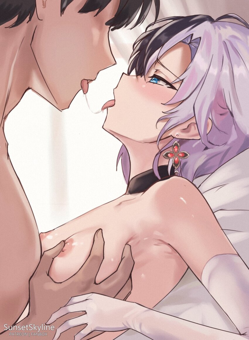 1boy 1girl after_kiss artist_name black_choker black_hair blue_eyes blush breasts choker earrings elbow_gloves fanbox_username flat_chest gloves groping heterochromia highres idol_corp jewelry lightning_bolt_ahoge multicolored_hair nipple_stimulation nipple_tweak nipples patreon_username purple_hair red_eyes rin_penrose saliva saliva_trail short_hair small_breasts split-color_hair sunset_skyline two-tone_hair virtual_youtuber white_gloves white_hair