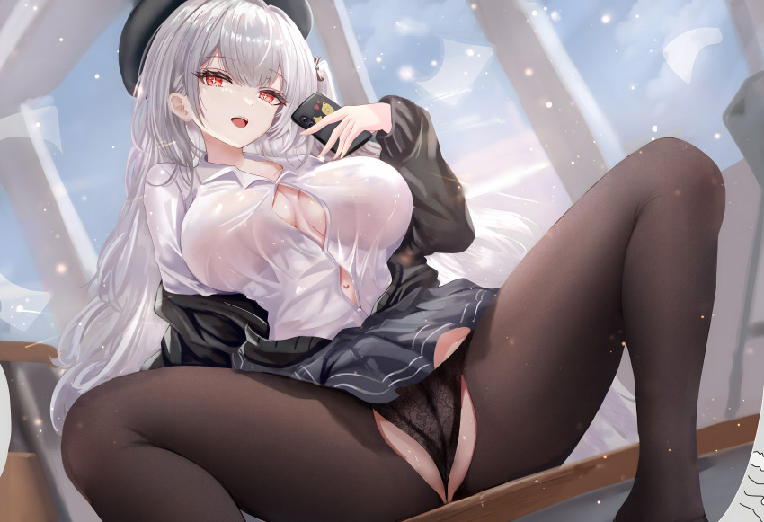 1girl absurdres age_fx azur_lane black_hat black_panties breasts button_gap cellphone clothes_lift grey_hair hat highres holding holding_phone indoors large_breasts long_hair long_sleeves looking_at_viewer no_bra open_mouth panties pantyhose phone red_eyes scylla_(azur_lane) shirt skirt skirt_lift smartphone smile solo spread_legs thighs underwear very_long_hair white_shirt