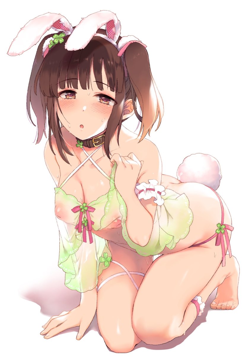 1girl :o animal_ears arm_support babydoll babydoll_lift barefoot blush bottomless breasts bridal_garter brown_collar brown_eyes brown_hair cleavage clover collar commentary_request fake_animal_ears four-leaf_clover green_babydoll hair_ornament halterneck hazuki_(nature.) heart heart-shaped_pupils highres idolmaster idolmaster_cinderella_girls inverted_nipples kneeling leg_ribbon lifting_own_clothes looking_at_viewer medium_breasts ogata_chieri pink_ribbon pussy_juice rabbit_ears rabbit_tail ribbon see-through_clothes short_hair sidelocks solo sweat symbol-shaped_pupils tail thigh_ribbon twintails white_ribbon