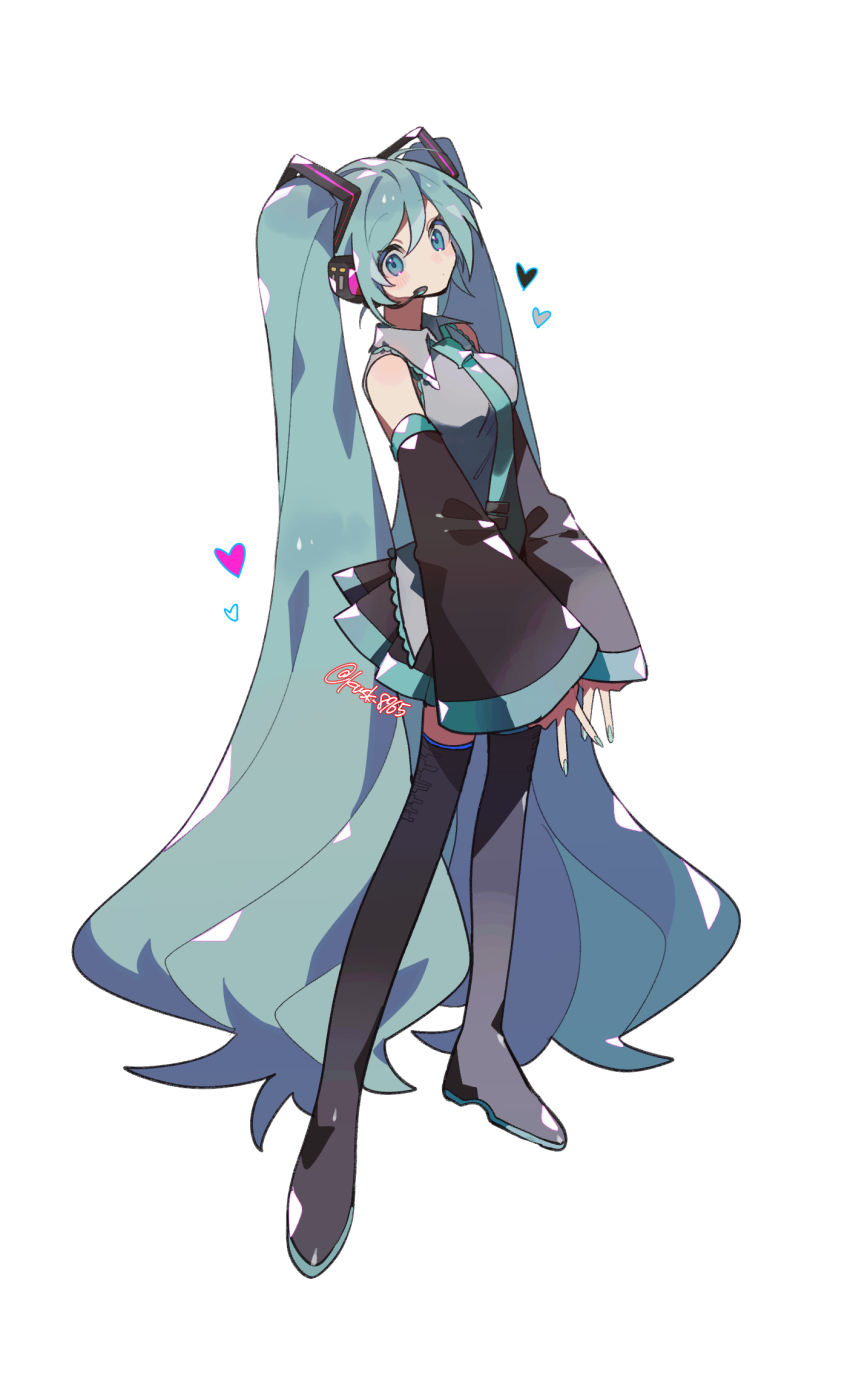 1girl absurdly_long_hair aqua_eyes aqua_hair aqua_necktie bare_shoulders black_footwear black_skirt black_sleeves boots closed_mouth commentary detached_sleeves dot_mouth full_body grey_shirt hatsune_miku headset heart highres kawasaki_(kwsk_8765) long_hair looking_at_viewer necktie shirt simple_background skirt sleeveless sleeveless_shirt solo symbol-only_commentary thigh_boots thighhighs twintails twitter_username very_long_hair vocaloid white_background