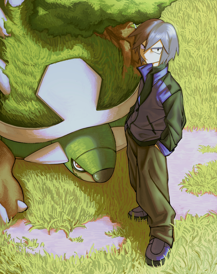 1boy absurdres creatures_(company) dawillie day game_freak gen_4_pokemon grass grey_hair hair_between_eyes hands_in_pockets highres jacket looking_at_viewer male_focus nintendo outdoors pants paul_(pokemon) pokemon pokemon_(creature) pokemon_dppt red_eyes shoes short_hair standing torterra