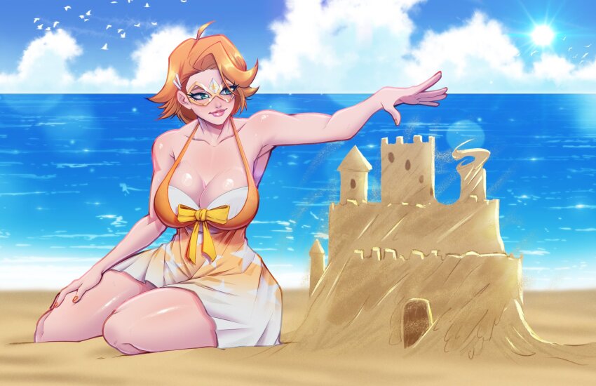 1girl armpits beach blue_eyes breasts brown_hair cleavage collarbone commission dress eye_mask full_body highres kamen_america_(comic) kamen_terra large_breasts made_in_2024 mesiasart ocean orange_dress sand sand_castle sand_sculpture second-party_source short_hair solo sun sunlight white_dress