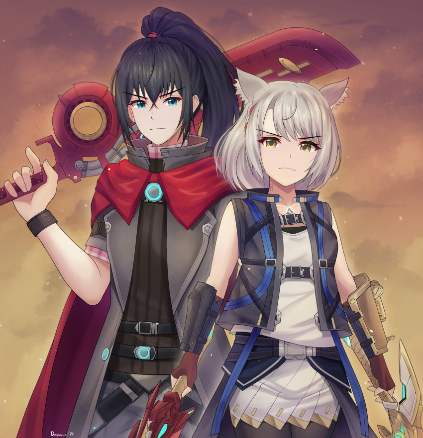 1boy 1girl aegis_sword_(xenoblade) animal_ears black_hair blue_eyes breasts camisole cat_ears cat_girl chest_jewel cloak cosplay doiparuni dual_wielding highres holding holding_sword holding_weapon jacket long_hair looking_at_viewer medium_breasts mio_(xenoblade) monado monado_rex noah_(xenoblade) ponytail red_cloak rex_(xenoblade) rex_(xenoblade)_(cosplay) shirt short_hair shulk_(xenoblade) shulk_(xenoblade)_(cosplay) sword weapon white_hair xenoblade_chronicles_(series) xenoblade_chronicles_3 xenoblade_chronicles_3:_future_redeemed yellow_eyes