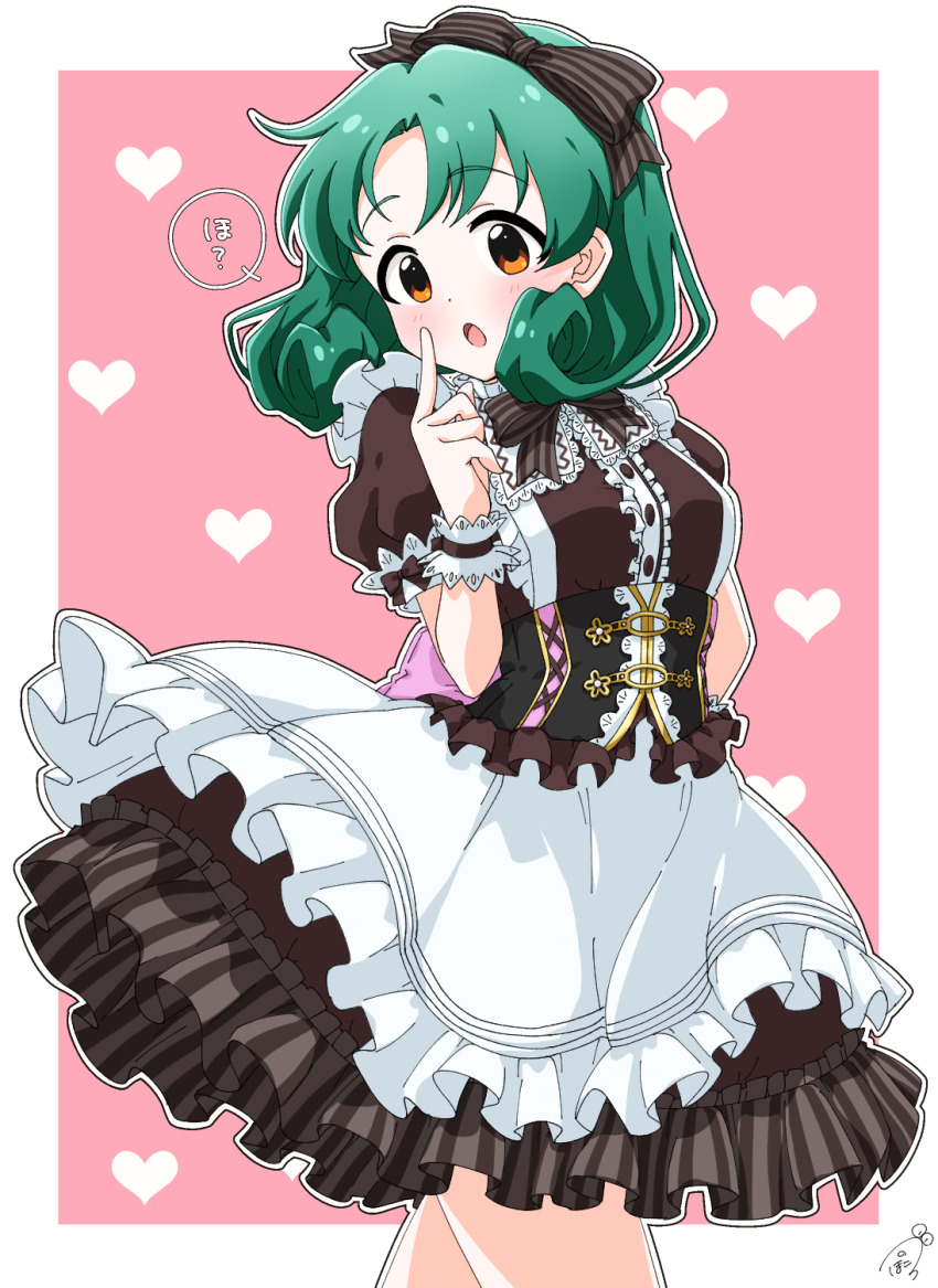 1girl apron black_bow black_bowtie black_corset black_dress black_ribbon blush border bow bowtie breasts brown_eyes corset cowboy_shot curly_hair dot_nose dress frilled_apron frilled_dress frills funxy_k green_hair hair_bow hair_ribbon hand_up heart heart_background highres idolmaster idolmaster_million_live! idolmaster_million_live!_theater_days index_finger_raised looking_at_viewer medium_breasts medium_hair open_mouth outside_border parted_bangs pink_background ribbon scrunchie short_sleeves signature solo speech_bubble standing striped_bow striped_bowtie striped_clothes striped_ribbon tokugawa_matsuri underbust white_apron white_border white_scrunchie wrist_scrunchie