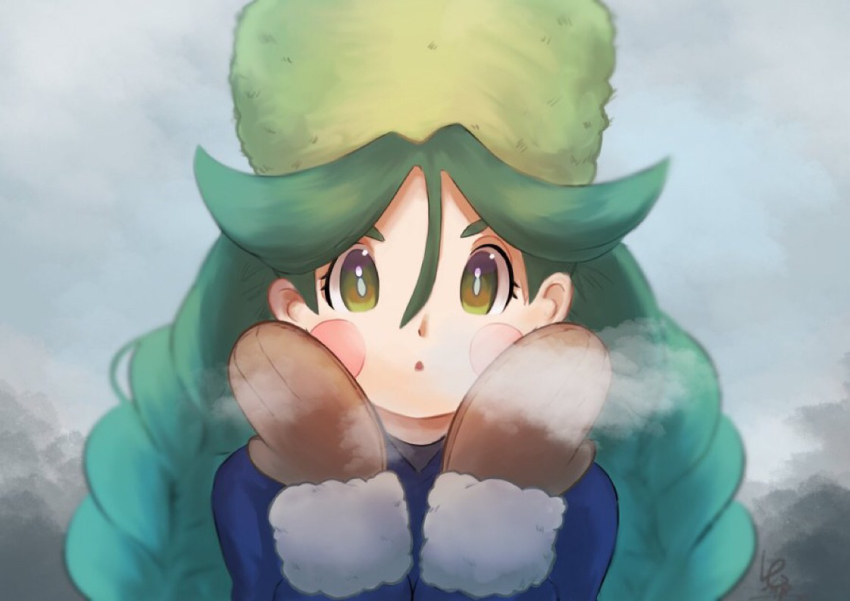 1girl blue_jacket blurry blush_stickers breath bright_pupils brown_mittens cold commentary_request creatures_(company) day doro_(zibaziba_6) eyelashes fog fur-trimmed_jacket fur_hat fur_trim game_freak green_eyes green_hair green_hat hair_between_eyes hat jacket long_hair long_sleeves looking_at_viewer mittens nintendo outdoors pokemon pokemon_legends:_arceus sabi_(pokemon) solo upper_body