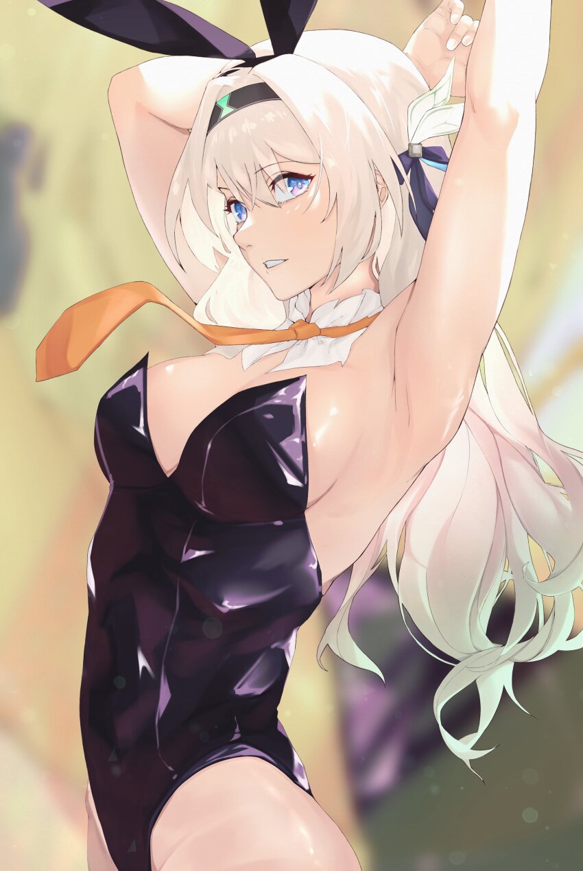 1girl absurdres animal_ears armpits arms_behind_head black_hairband black_leotard blonde_hair blue_eyes blurry blurry_background breasts cleavage dakaeya detached_collar fake_animal_ears firefly_(honkai:_star_rail) hair_between_eyes hair_ornament hairband highres honkai:_star_rail honkai_(series) leotard long_hair looking_at_viewer medium_breasts necktie orange_necktie parted_lips playboy_bunny rabbit_ears sideboob solo strapless strapless_leotard upper_body