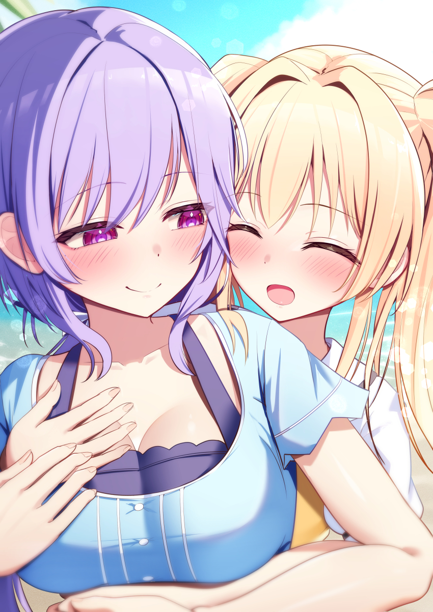 2girls :d ^_^ absurdres akuame_(ring3922) arm_around_waist blonde_hair blue_dress blush breasts cleavage closed_eyes closed_mouth collarbone colored_eyelashes commentary_request day dress eyes_visible_through_hair facing_another fingernails friends hair_intakes happy highres holding_hands hug hug_from_behind large_breasts looking_at_another mizuori_shizuku multiple_girls open_mouth outdoors purple_eyes purple_hair ringed_eyes school_uniform short_sleeves sidelocks smile split_mouth straight_hair summer_pockets tsumugi_wenders tsurime twintails upper_body