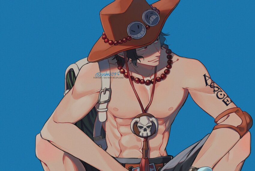 1boy arm_tattoo bag blue_background commentary elbow_pads freckles hat jewelry log_pose looking_to_the_side male_focus necklace one_piece orange_hat paruma_umu pearl_necklace portgas_d._ace short_hair shorts shoulder_bag simple_background single_elbow_pad smile solo symbol-only_commentary tattoo topless_male twitter_username