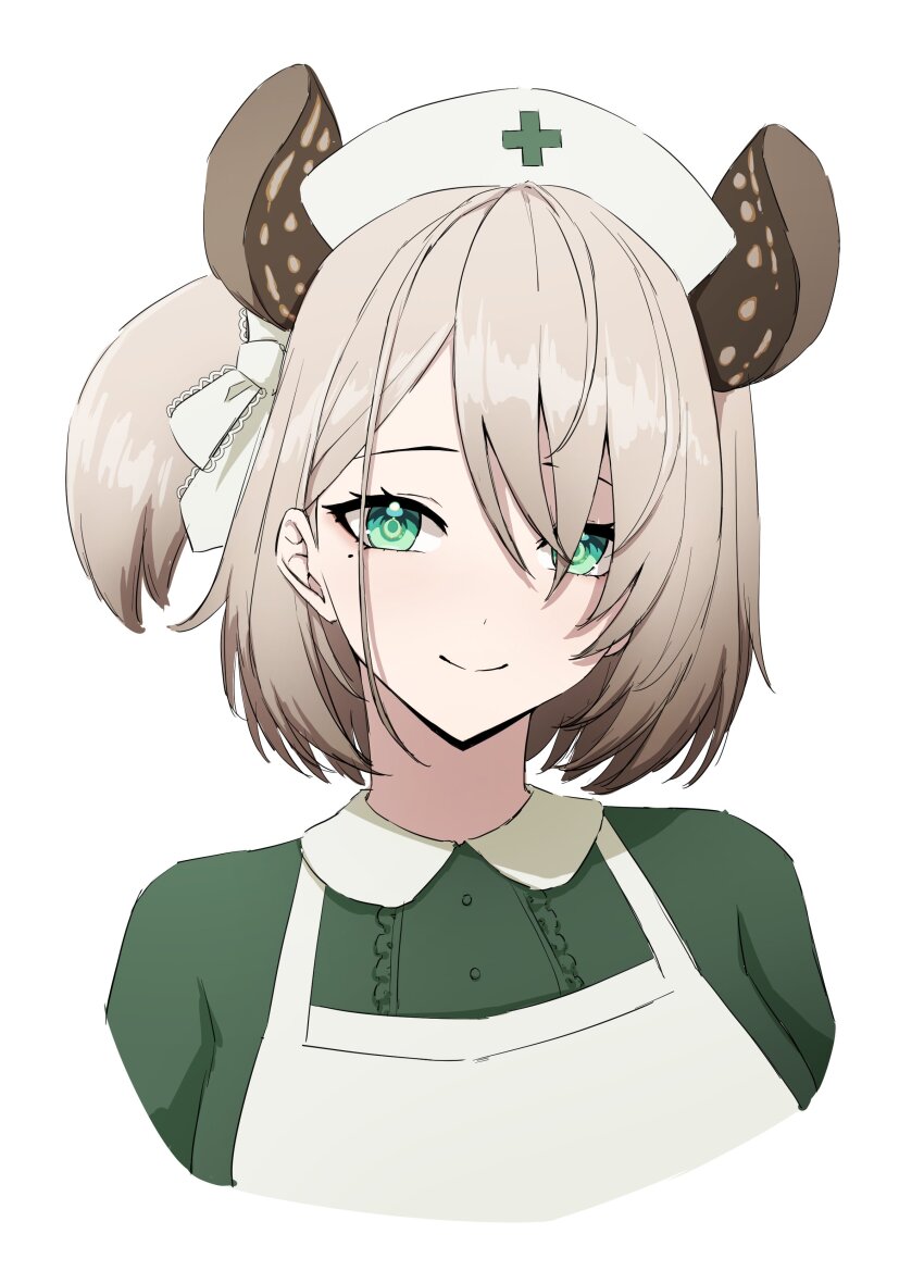 1girl absurdres animal_ears apron brown_hair daydarion dress frilled_dress frills green_dress green_eyes hair_over_eyes hat highres indie_virtual_youtuber looking_at_viewer medium_hair mole nimi_nightmare nimi_nightmare_(tapir) nurse nurse_cap smile solo tapir_ears tapir_girl virtual_youtuber white_background