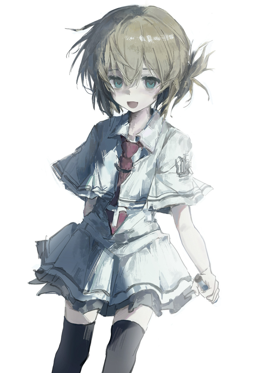 1girl :d absurdres arm_behind_back black_thighhighs blonde_hair capelet collared_shirt cowboy_shot cross cross_print crown_print frilled_skirt frills green_eyes hair_between_eyes hair_bun highres looking_at_viewer necktie open_mouth red_necktie school_uniform shirt short_hair simple_background skirt smile solo standing subarashiki_hibi tachibana_kimika thighhighs white_background white_capelet white_shirt white_skirt xintu376