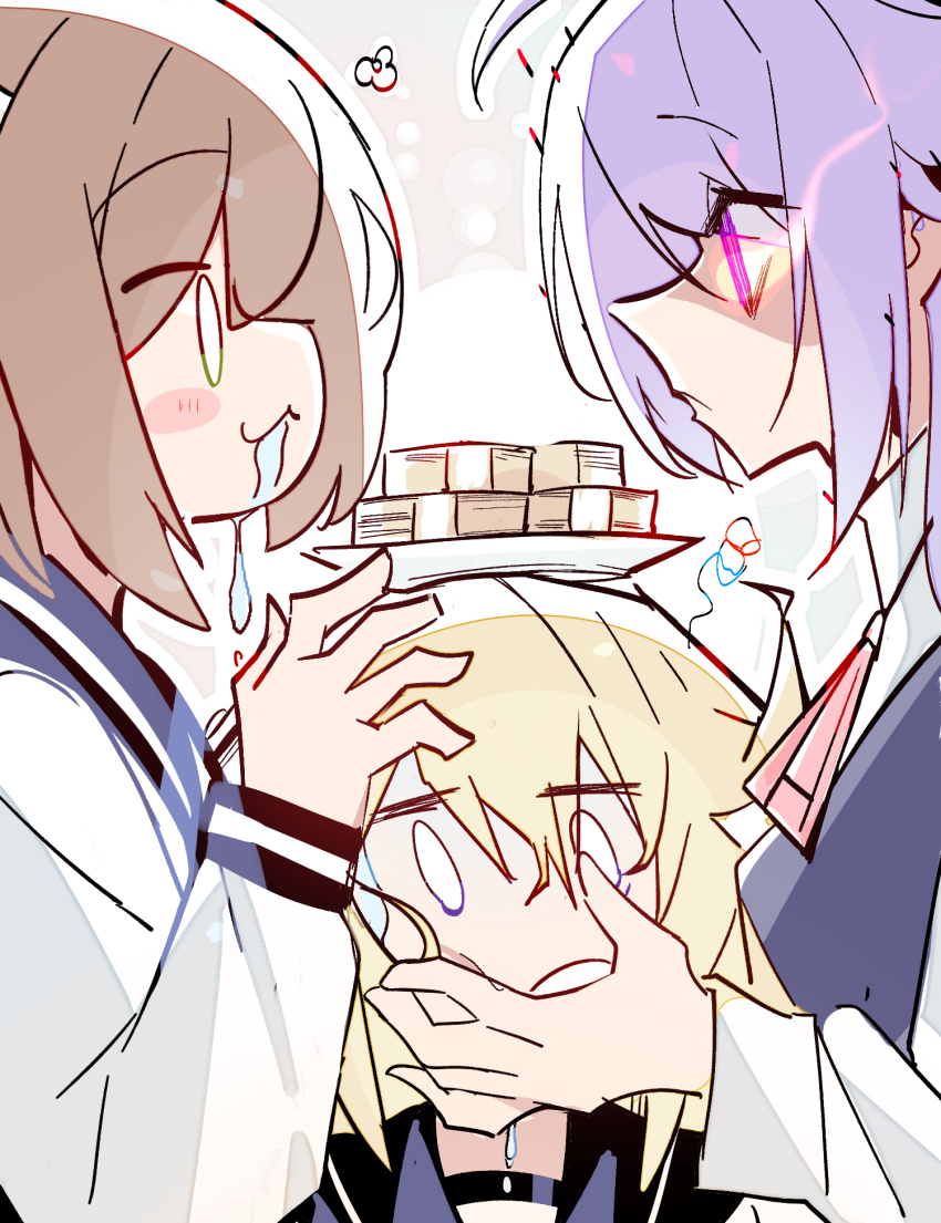 3girls ahoge blonde_hair blue_sailor_collar brown_hair closed_mouth deer_cracker drooling hair_between_eyes highres koshi_anko_(shikanoko) koshi_torako long_sleeves multiple_girls open_mouth outline plate_on_head purple_eyes purple_hair sailor_collar shikanoko_noko shikanoko_nokonoko_koshitantan shirt short_hair sidelocks upper_body white_outline white_shirt zhanzhangzlw