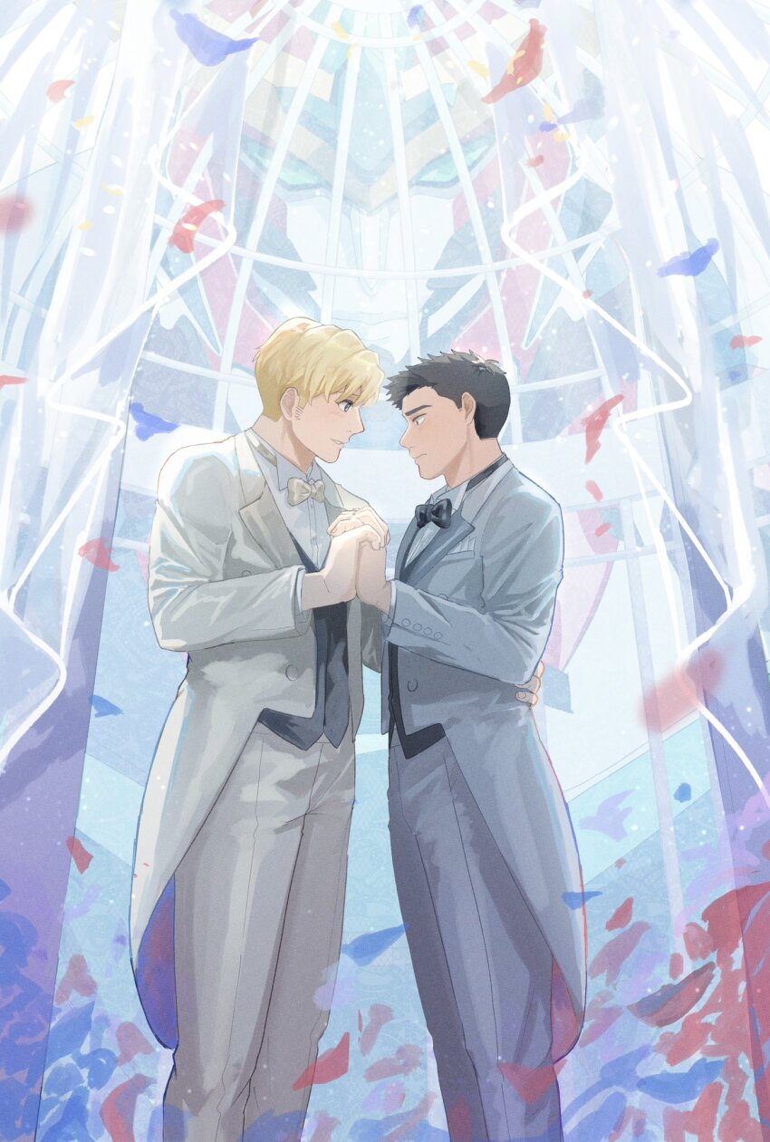 2boys ao_isami black_hair blonde_hair blush bravern bridal_veil couple facial_hair feet_out_of_frame formal from_side highres holding_hands husband_and_husband interlocked_fingers lewis_smith looking_at_another male_focus mecha multiple_boys robot sako_(oyatutabero) shy sideburns_stubble smile standing stubble suit super_robot thick_eyebrows veil yaoi yuuki_bakuhatsu_bang_bravern