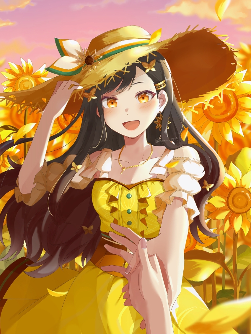 1girl black_hair breasts bug butterfly collarbone dress earrings floral_background flower frills hat highres holding holding_hands insect jewelry long_hair looking_at_viewer moka_20041125 necklace off-shoulder_dress off_shoulder open_mouth pov pov_hands project_sekai puffy_sleeves shiraishi_an skirt spring_(season) straw_hat sunflower sunset yellow_dress yellow_eyes