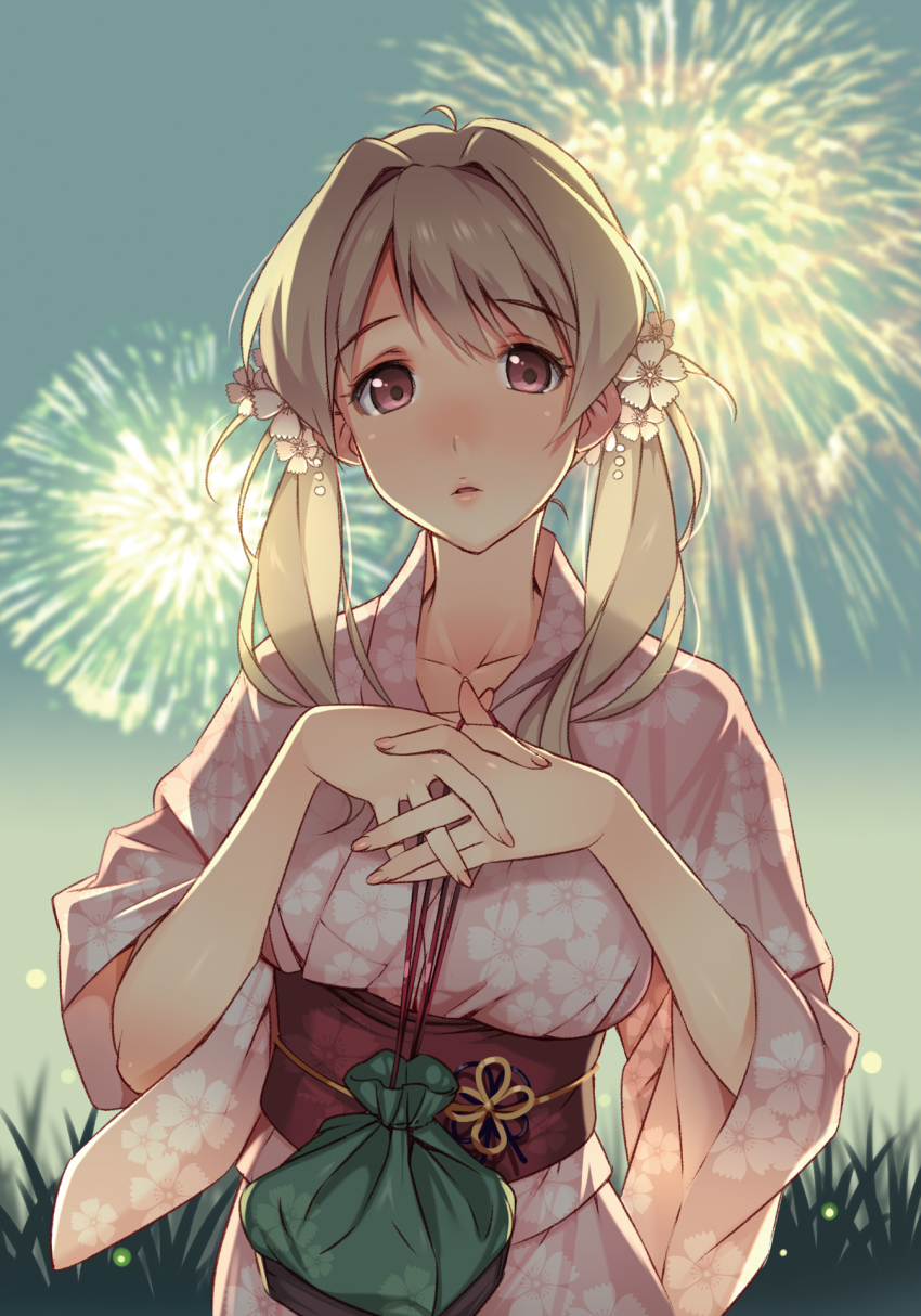 10s 1girl aerial_fireworks ahoge alternate_hairstyle female_focus fireworks flower grass hair_flower hair_intakes hair_ornament highres japanese_clothes kimono koumi_haruka obi own_hands_together pouch rail_wars! sash solo summer_festival twintails vania600 yukata