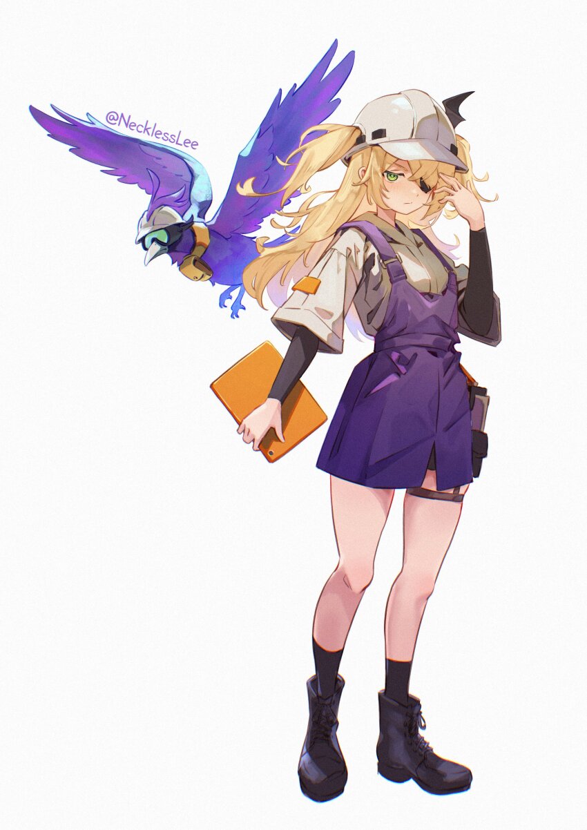 1girl absurdres bird black_footwear blonde_hair boots eyepatch fischl_(genshin_impact) folder genshin_impact goggles green_eyes hair_over_one_eye hard_hat helmet highres holding holding_folder long_hair necklesslee oz_(genshin_impact) purple_skirt shirt skirt two_side_up white_shirt