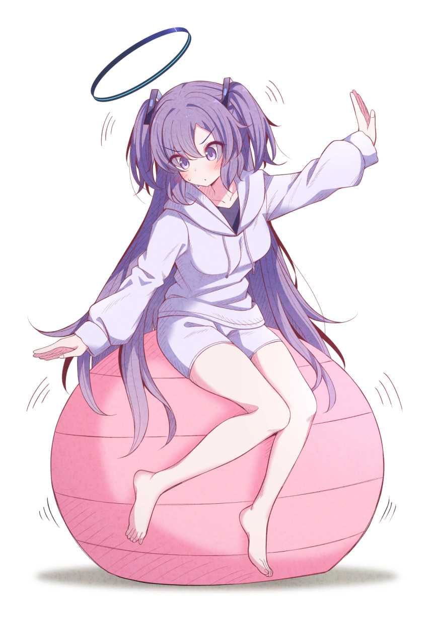 1girl balancing ball bare_legs barefoot blue_archive blush exercise_ball halo highres hood hoodie karikura_(atatata71) long_hair looking_down motion_lines outstretched_arms purple_eyes purple_hair purple_hoodie purple_shorts shorts sitting sitting_on_ball solo two_side_up very_long_hair yuuka_(blue_archive)