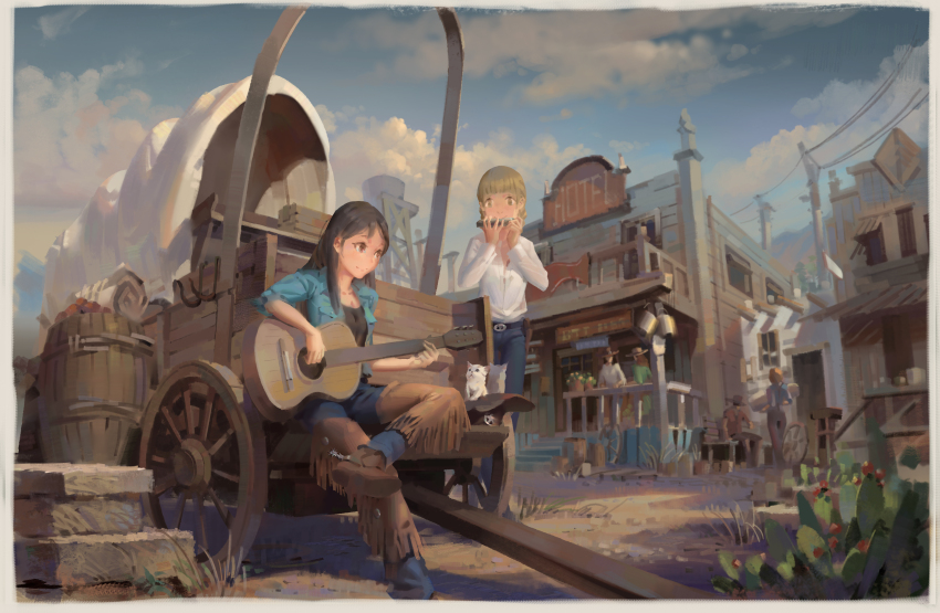 2girls absurdres aqua_vest barrel belt black_shirt blonde_hair blue_pants blue_sky boots brown_hair building cactus cat chinese_commentary cloud cloudy_sky commentary_request covered_wagon cowboy_boots cowboy_western denim guitar hair_over_shoulder harmonica highres holding holding_guitar holding_instrument hotel instrument jeans long_hair medium_hair multiple_girls original outdoors pants people playing_guitar power_lines psi_(583278318) shirt sitting sky spurs standing town utility_pole wagon water_tower white_shirt